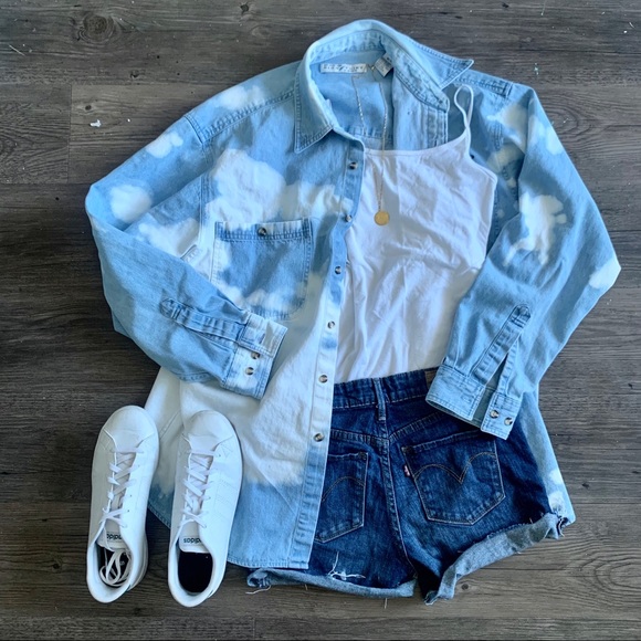 High Point Tops - Vintage Denim Bleach Dye Button Down / Up Bell